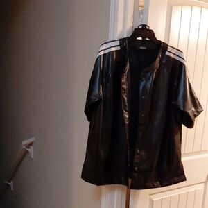 AKIRA Black Faux Leather Baseball Jacket with White Shoulder Stripes